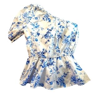 NWT CATO XS Cape TOWN Victoria Blue Floral One-Shoulder Top